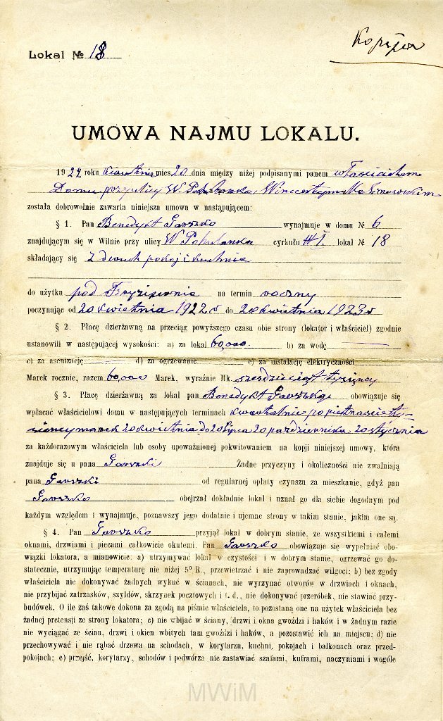 KKE 5738-5.jpg - (rosyjski i polski) Dok. Kopie. Umowy Najmu Lokalu wystawiona przez Wincentego Malinowskiego dla Benedykta Graszko, Wilno, 1919 r./1 I 1921 r./20 IV 1922 r.